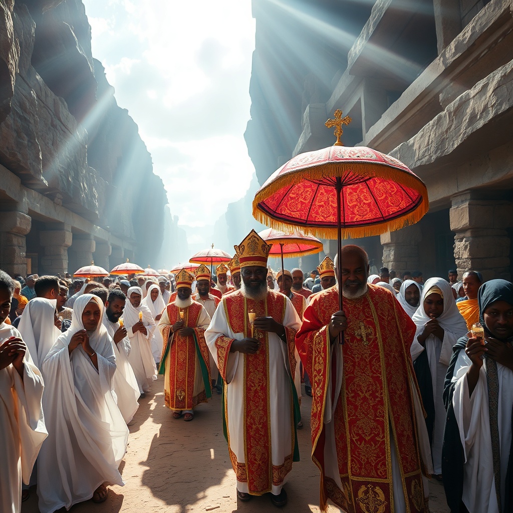 Procession orthodoxe éthiopienne avec ombrelles colorées, expression vivante de la culture éthiopienne et de la spiritualité Tewahedo