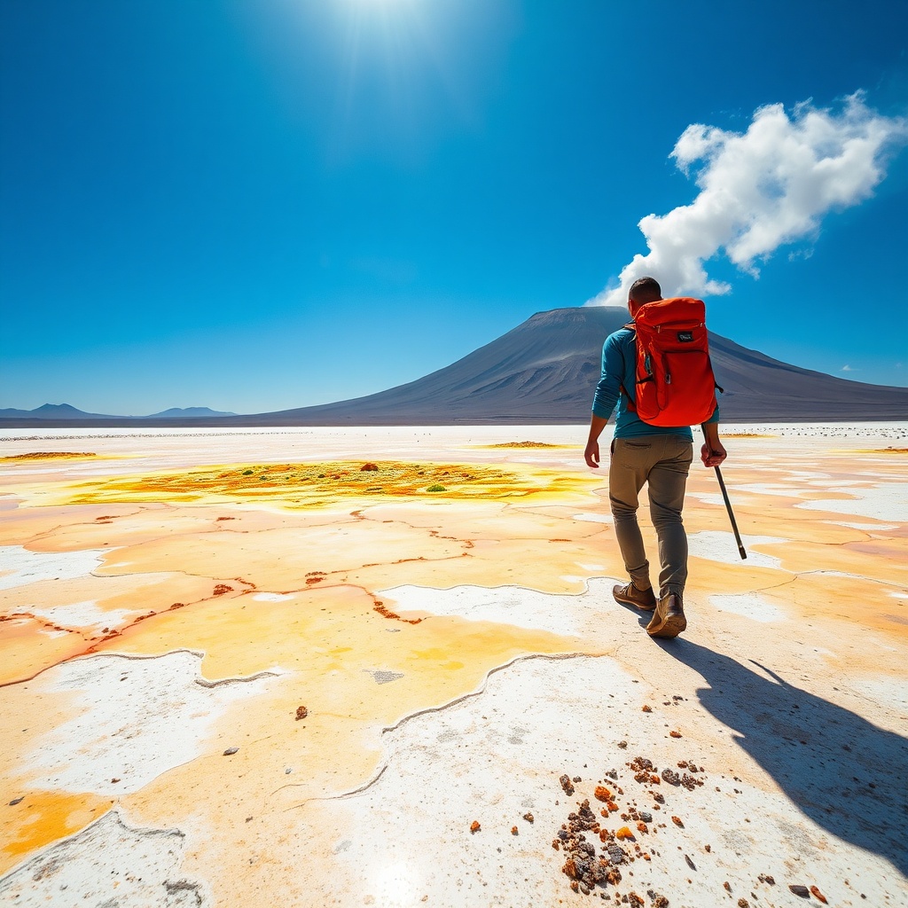 Trekker crossing the colorful sulfur springs and salt flats during a trekking éthiopie adventure in the Danakil Depression, with vivid mineral colors and a distant volcano