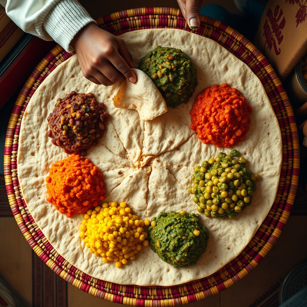 Traditional Ethiopian meal served on injera with colorful stews, hands scooping food with the flatbread