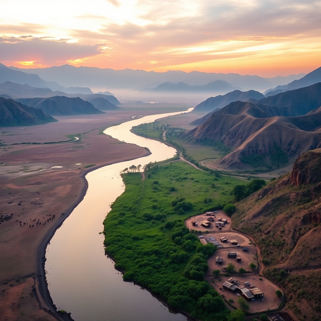 Aerial view of the Omo River flowing through the diverse landscapes of Vallée de l'Omo at dawn