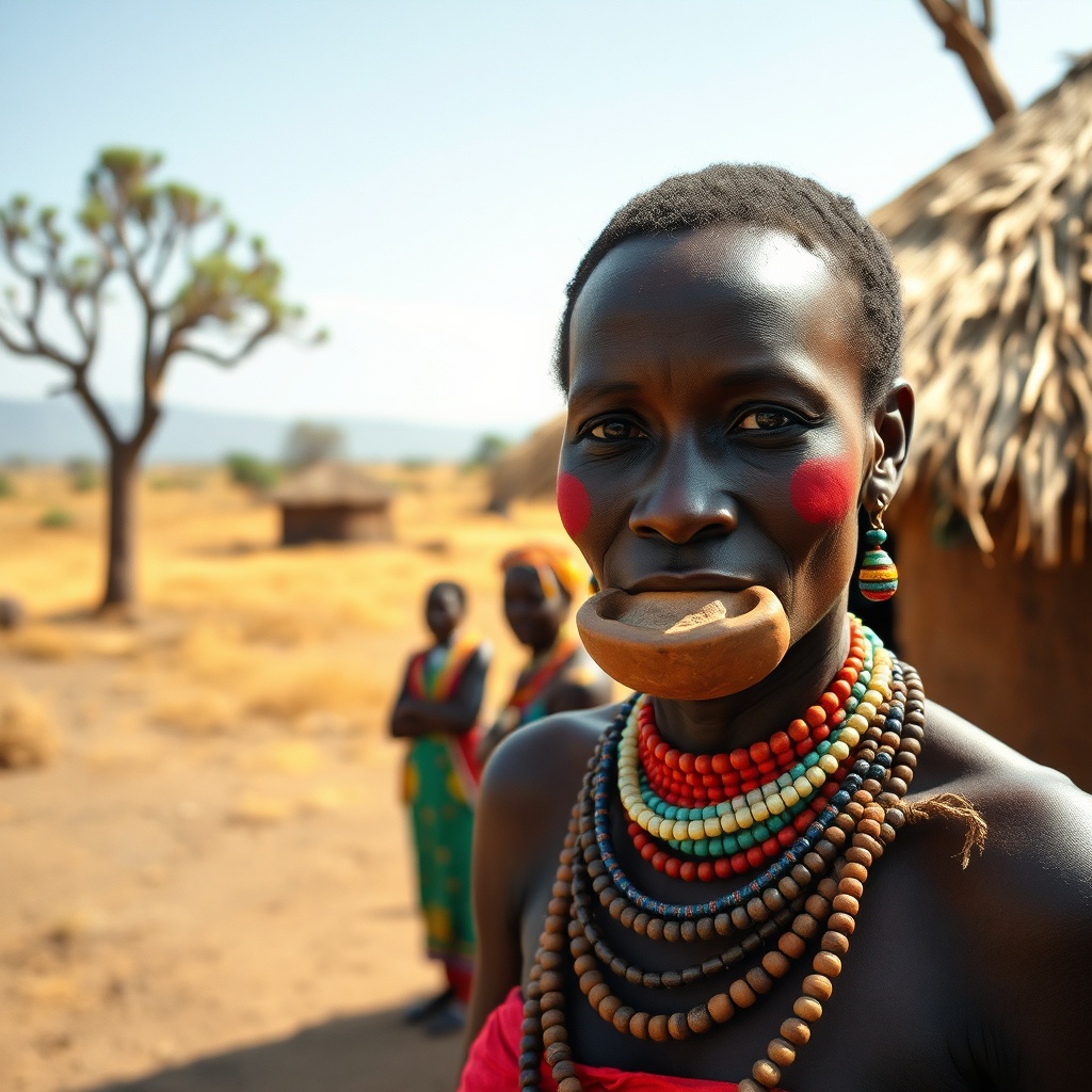 Colorful Omo Valley tribal woman in traditional attire during a 2-week Ethiopia circuit, highlighting the cultural diversity and natural beauty of the southern Ethiopian route.