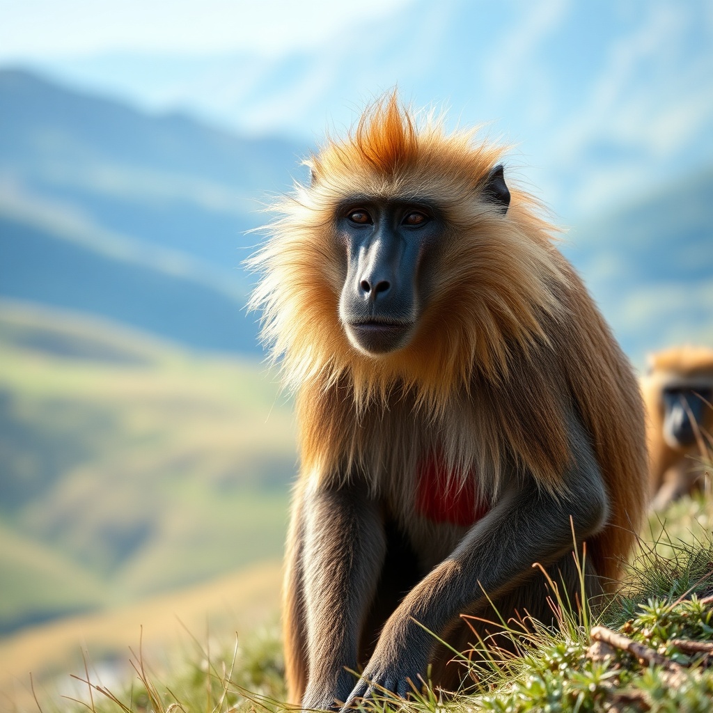 Close-up of a gelada monkey, an endemic primate of the Montagnes du Simien Éthiopie, with its lion-like mane and red chest patch, set against the blurred backdrop of the Ethiopian highlands.