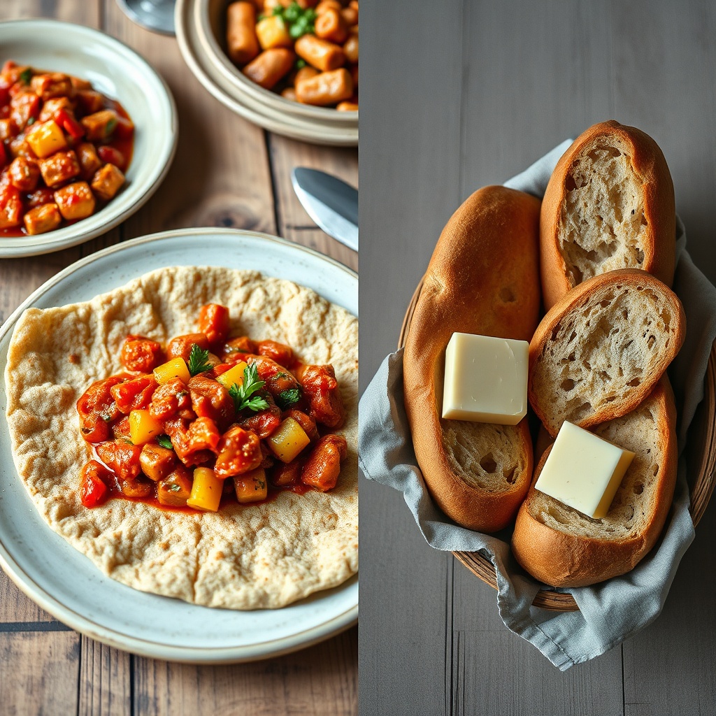 Injera vs pain différence dans les usages : à gauche, l'injera éthiopienne sert d'assiette comestible avec un ragoût épicé ; à droite, le pain accompagne fromage et beurre. Mise en scène culinaire comparée.