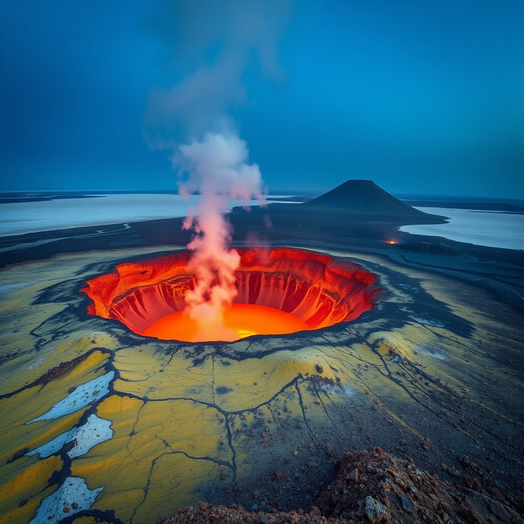 Volcan Erta Ale et dépression de Danakil, paysage extrême d'un voyage aventure en Éthiopie, avec lac de lave incandescent et minéraux colorés.
