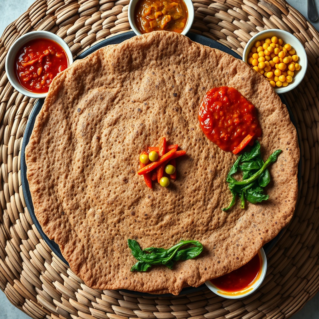 A festive platter of injera éthiopienne recette topped with assorted stews and vegetables, showcasing the authentic presentation of Ethiopian cuisine