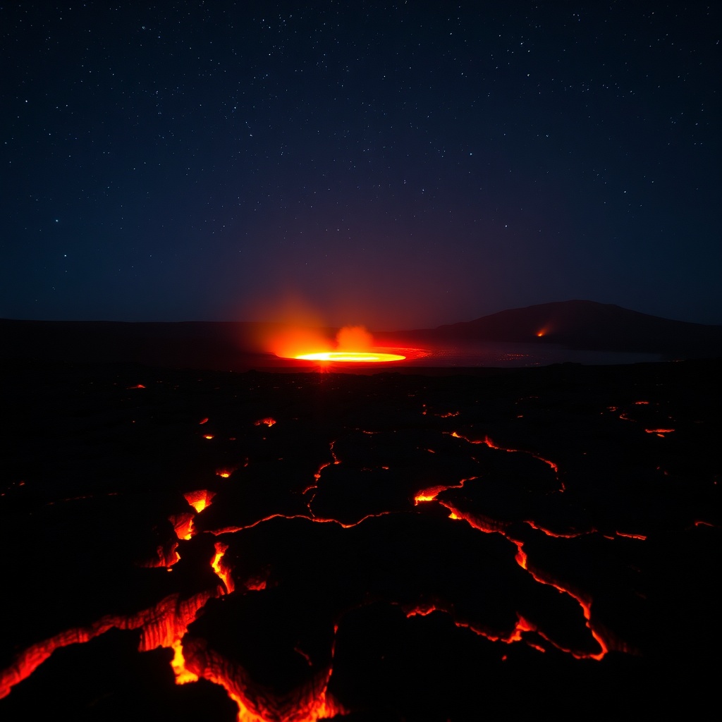 Night view of the glowing lava lake of Erta Ale volcano in the Danakil Depression, Ethiopia, highlighting the active volcanic activity in the Afar Triangle.