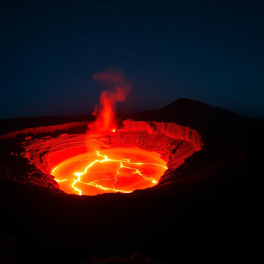 Le volcan Erta Ale et son lac de lave permanent, photographié de nuit dans la dépression du Danakil, montrant la lueur incandescente du magma au cœur du triangle de l'Afar.