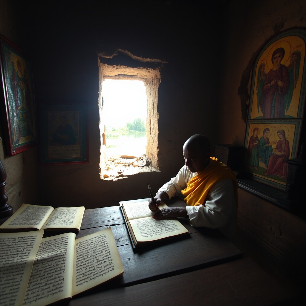Culture Éthiopienne Orthodoxie - Ethiopian Orthodox monk copying ancient Ge'ez manuscripts in a monastery on Lake Tana, surrounded by religious icons and illuminated books, reflecting the deep spiritual tradition and preservation of sacred texts